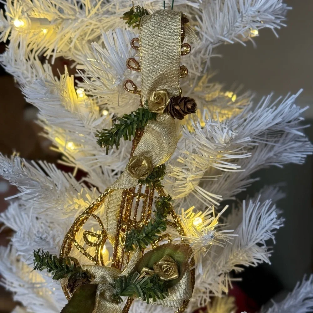 Rare Vintage 1975 Gold Guitar Holiday Ornament with Green Accents